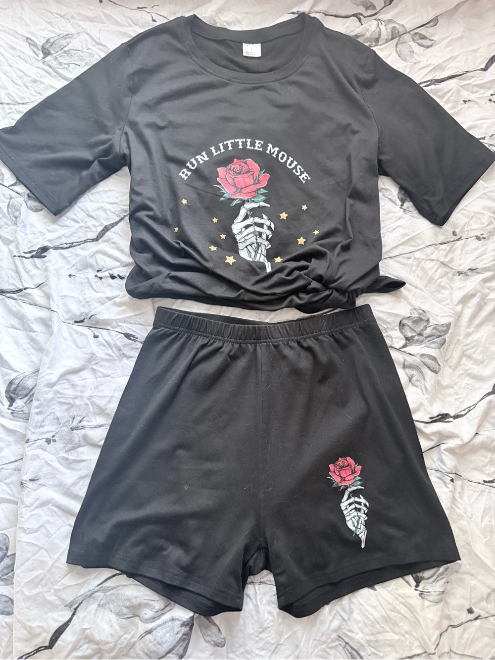 Black Two-Piece Lounge Set with Red Rose & Skeleton